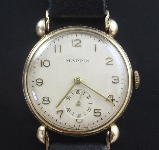 A gentlemans 1950s 9ct gold manual wind wrist watch, retailed by Mappin,